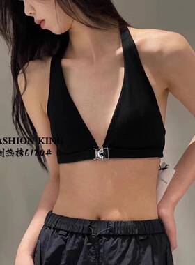 A+新款挂脖三角杯露背欧美深V前扣辣妹纯色黑色性感文胸6120