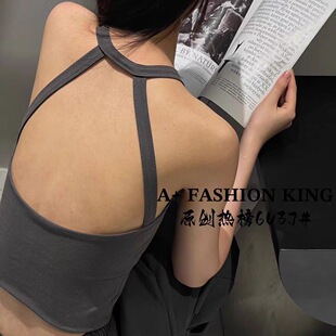 辣妹性感设计师美背挂脖胸垫一体美背百搭打底背心6037 美式 新款