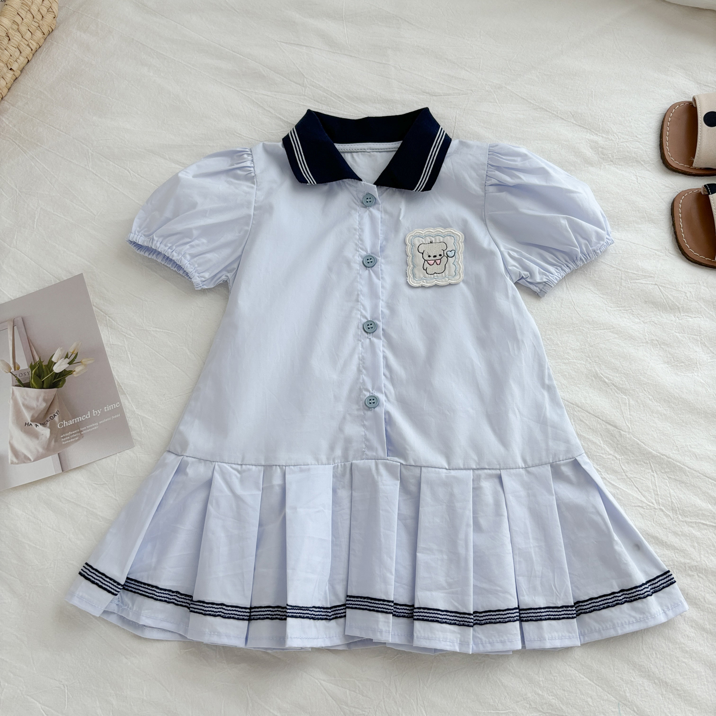 女童连衣裙短袖2025新款夏装中小童洋气学院风裙子女宝百褶裙时尚