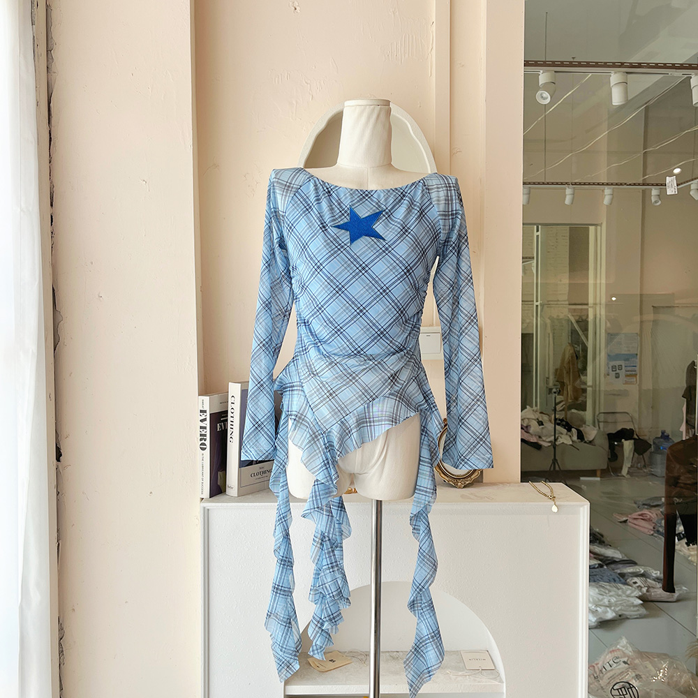 LHTE青青大码女装 秋款不规则下摆辣妹一字肩星星T恤C6308蓝色