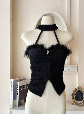 LHTE青青大码女装 纯欲风辣妹毛毛边挂脖抹胸上衣黑色C5422