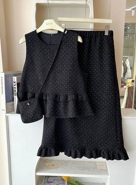 LHTE青青大码女装 韩系荷叶边波点马甲洋气打底半身裙三件套T5147