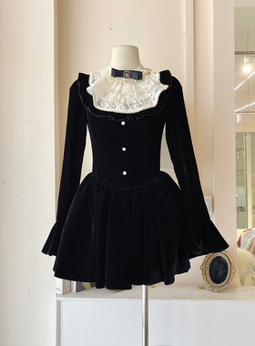 LHTE青青大码女装 秋冬丝绒公主裙挂脖复古气质黑色连衣裙L5744