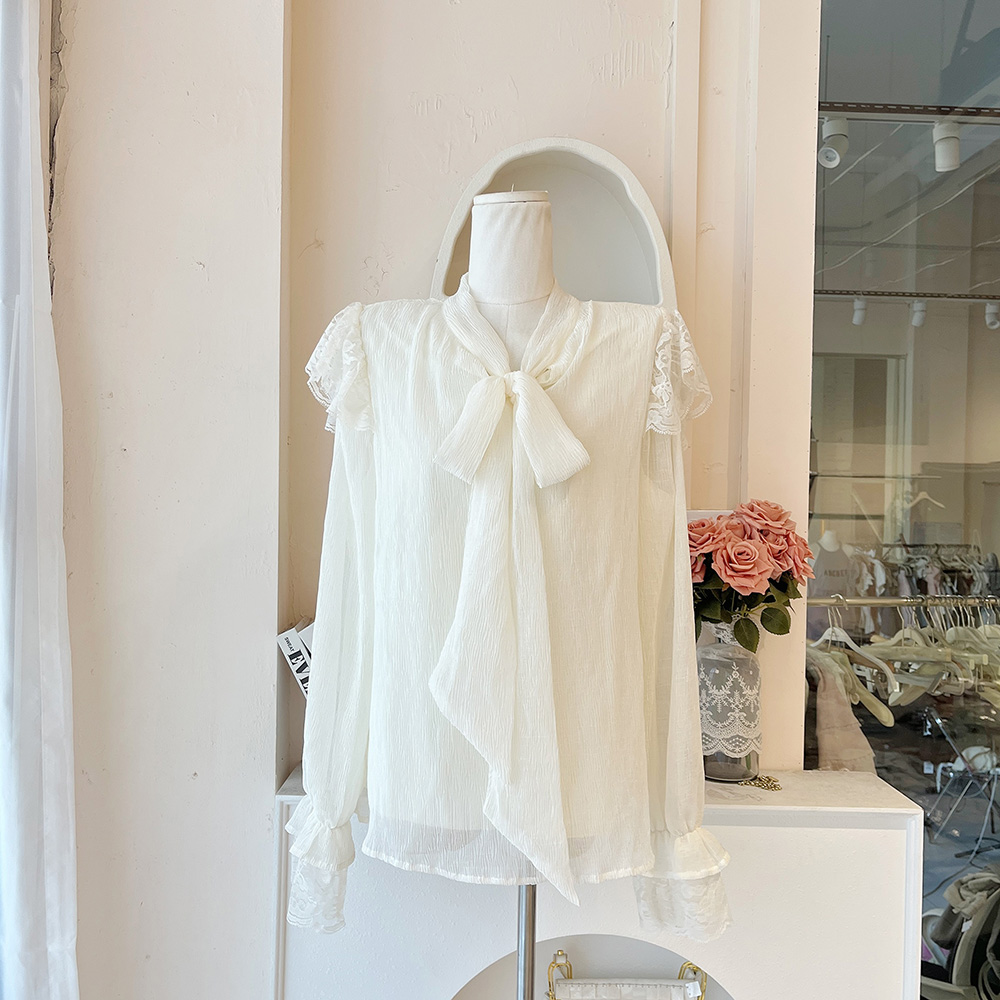 青青大码衣橱 法式蝴蝶结设计感小众白色雪纺蕾丝衬衫上衣C8761