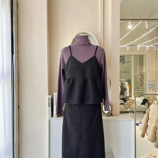 青青定制女装 木耳边打底波点吊带长裙紫色三件套T5299 秋冬法式