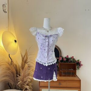 LHTE青青大码女装 夏季法式收腰显瘦紫色碎花上衣半裙套装T5679