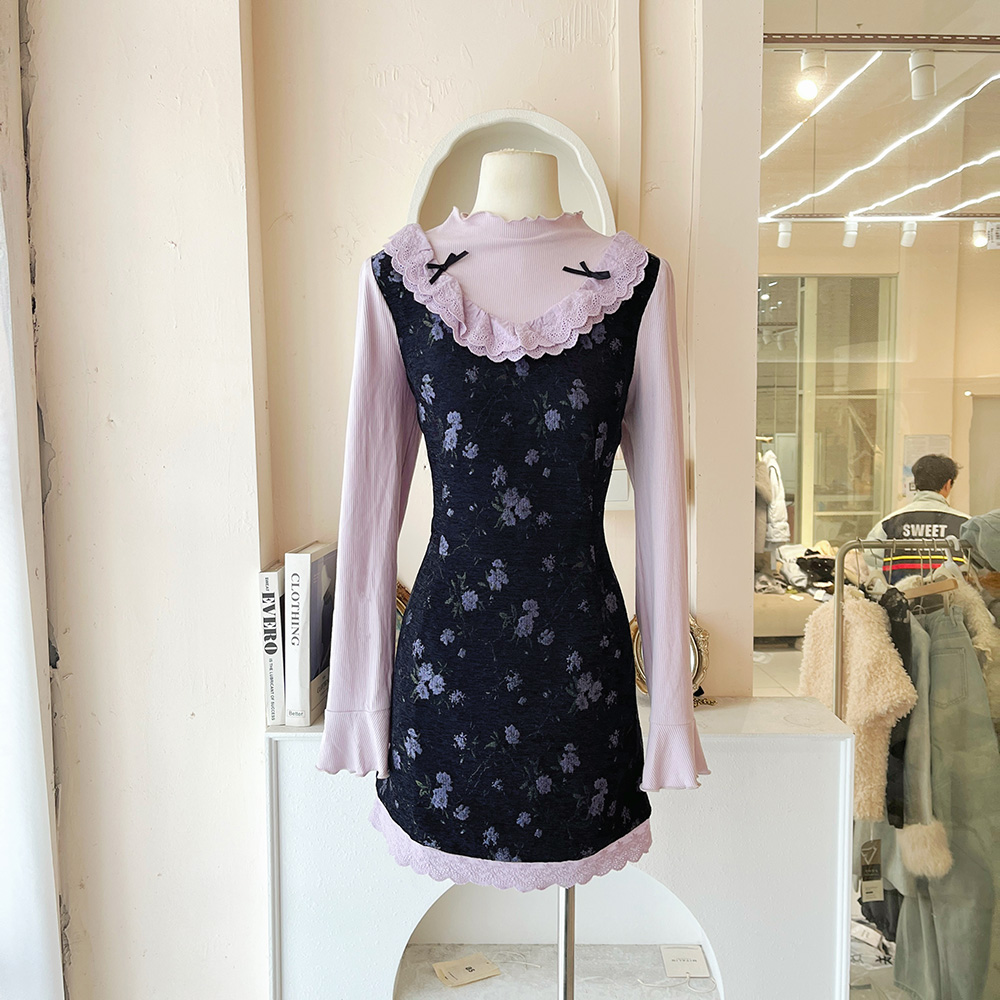 青青大码女装 春秋甜美假两件碎花法式百搭甜美紫色连衣裙L5272