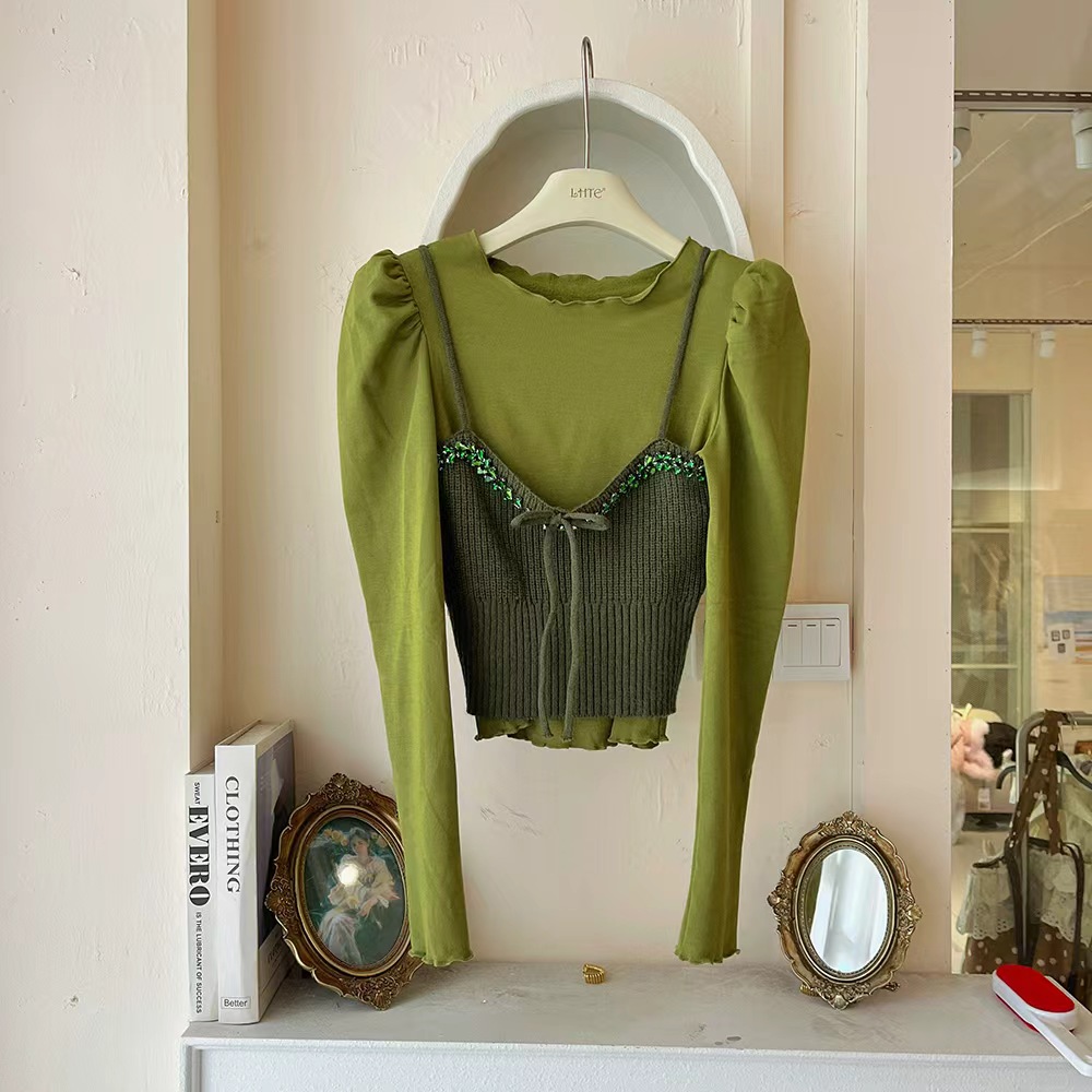 LHTE青青大码女装 冬季重工镶钻吊带马甲百搭T恤两件套T5209