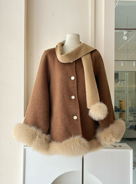 LHTE青青大码女装 板栗棕双面呢高级感气质狐狸毛大衣外套A6364