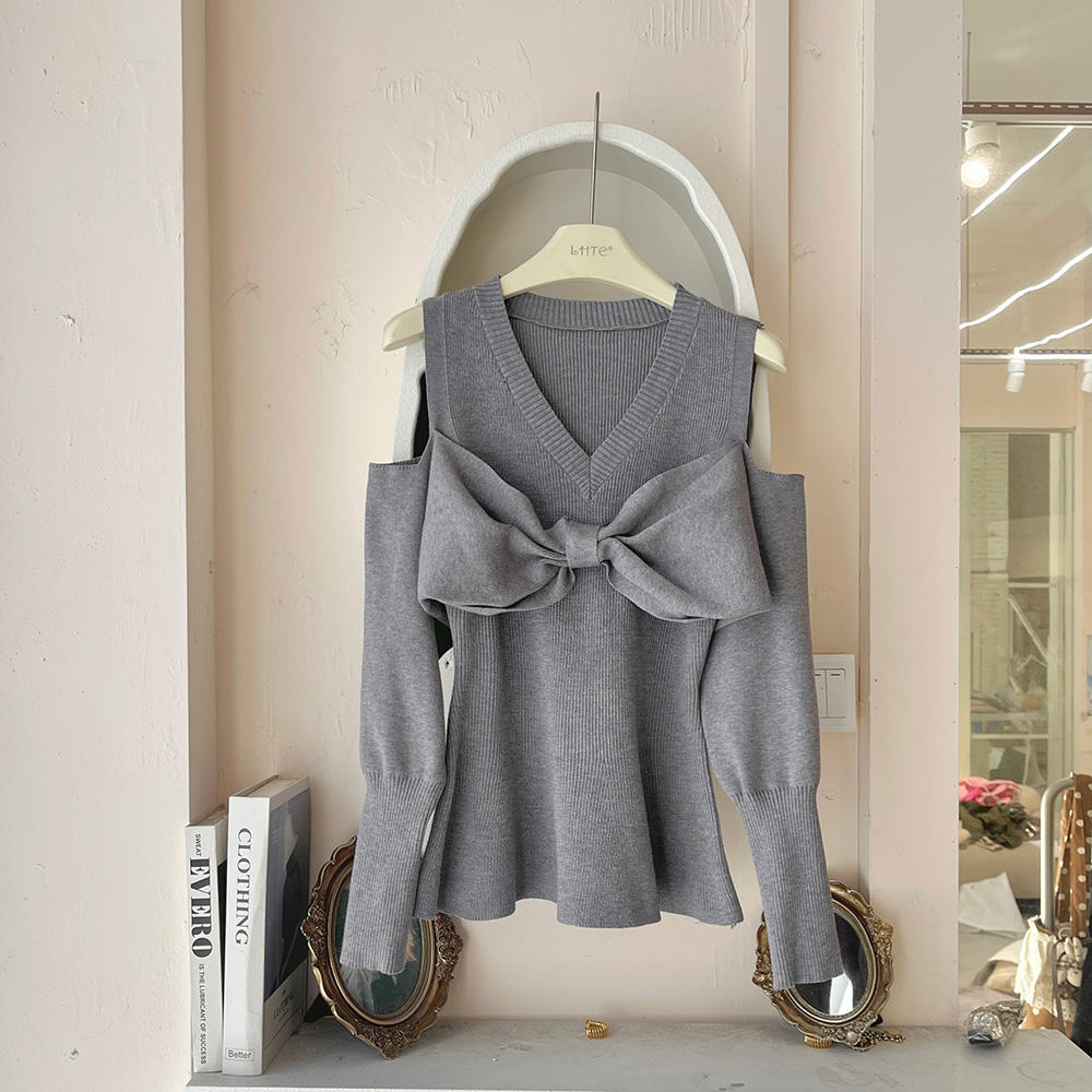 LHTE青青大码女装 冬款气质洋气V领蝴蝶结针织性感露肩毛衣C5215