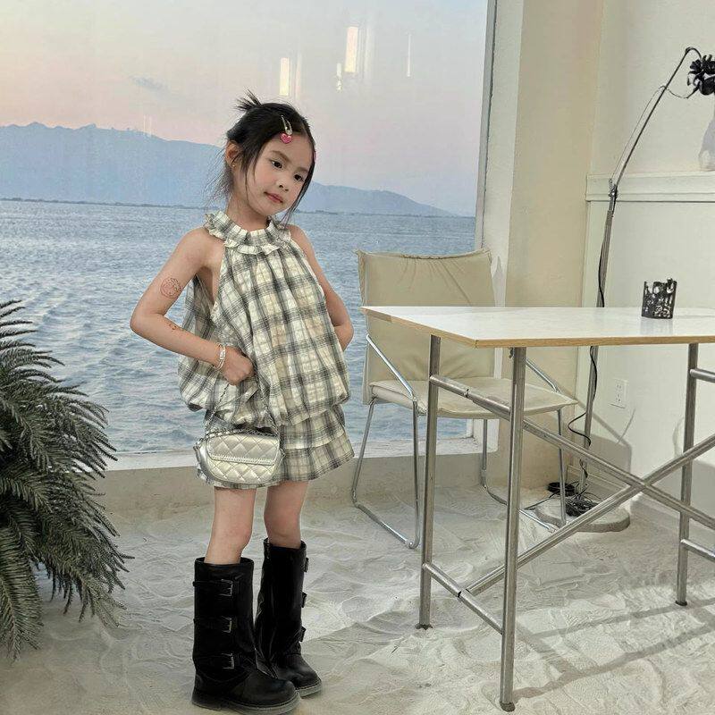 古德家女童套装26夏季新款韩系格纹挂脖无袖小衫织里童装小众花