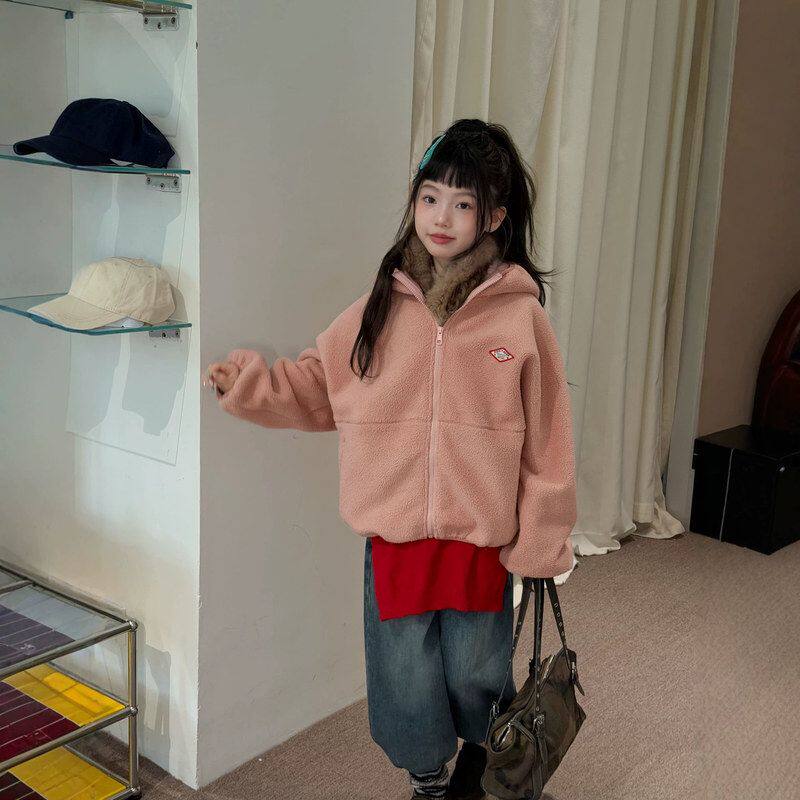 古德家女童2026年冬款毛毛外套复羊驼绒韩系宽松撞色毛领洋气外套