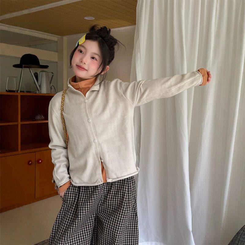 古德家女童2026年冬款韩版卷边立领开衫柔软亲肤儿童翻领针织开衫