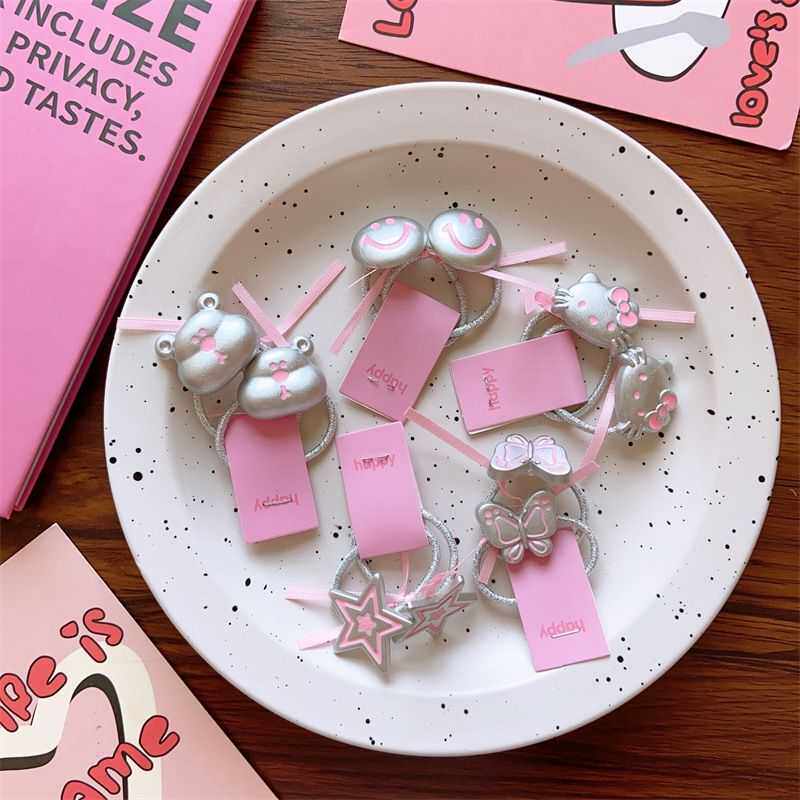 韩系儿童可爱亚克力银色小熊发圈女童宝宝手打结粉色系头绳对装