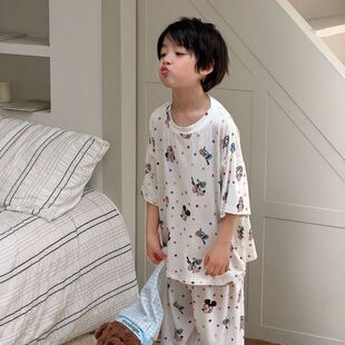 古德家2026夏季新款韩版男童睡衣短袖纯棉儿童薄款家居服套装长裤
