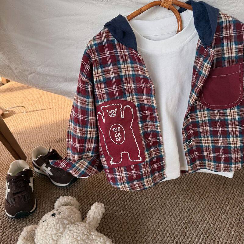 古德家儿童连帽外套2026春季新款男童女童格子拼色连帽衬衫外套