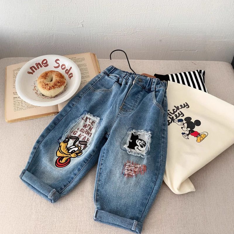古德家儿童牛仔裤2024春季新品男女童裤子弹力长裤宝宝卡通牛仔裤
