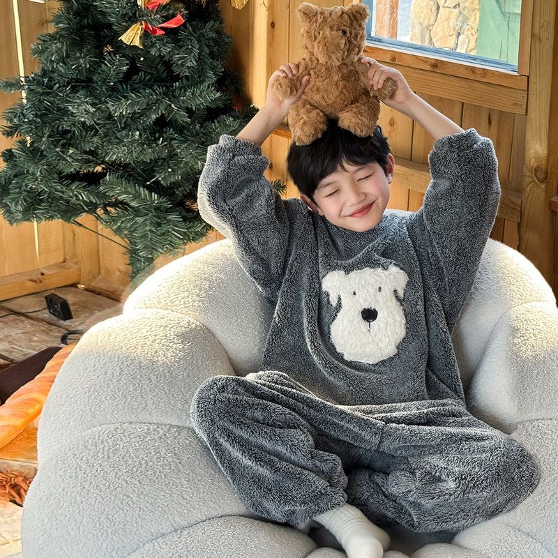 古德家2025男童冬款卡通毛绒小狗刺绣家居服北极毛加厚儿童睡衣