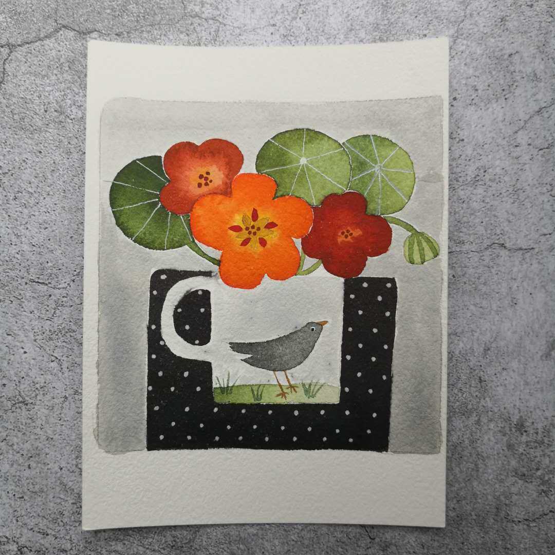 【三猫手绘】水彩画作品《杯中鸟》170装饰画
