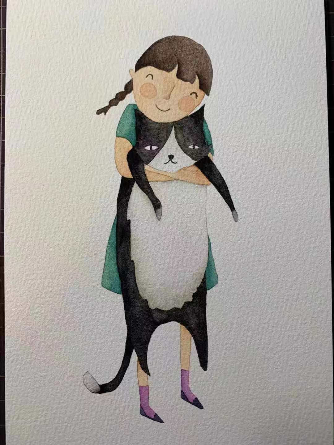 【三猫手绘】水彩画作品《再肥一点,就抱不动了》702装饰画
