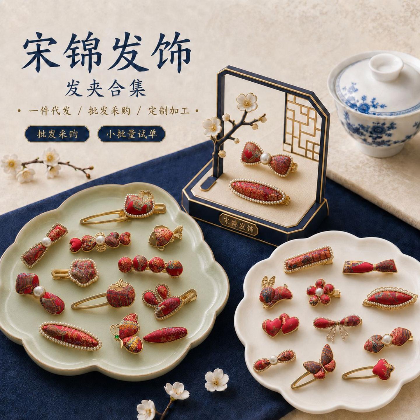 新中式宋锦发夹高级感精致发卡图片