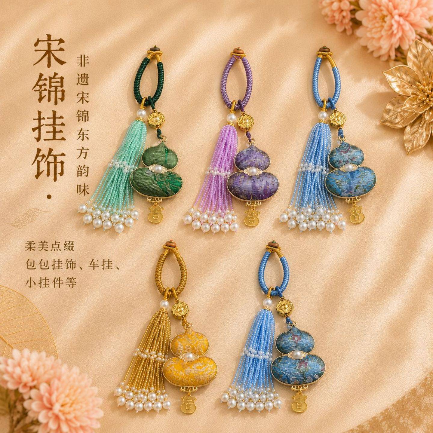 新中式宋锦饰品葫芦流苏钥匙扣小