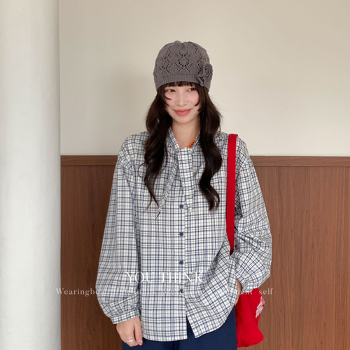26年春款！韩标！ins风时尚绑带复古格子百搭休闲宽松长袖衬衫女
