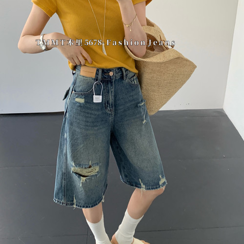 夏上新！美式复古破洞水洗牛仔裤显瘦5分裤时尚百搭牛仔短裤女