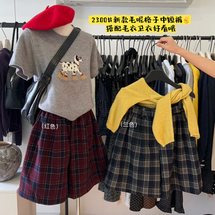 女 松紧腰显瘦靴短裤 秋上新 英伦风复古毛呢格子百搭休闲五分裤