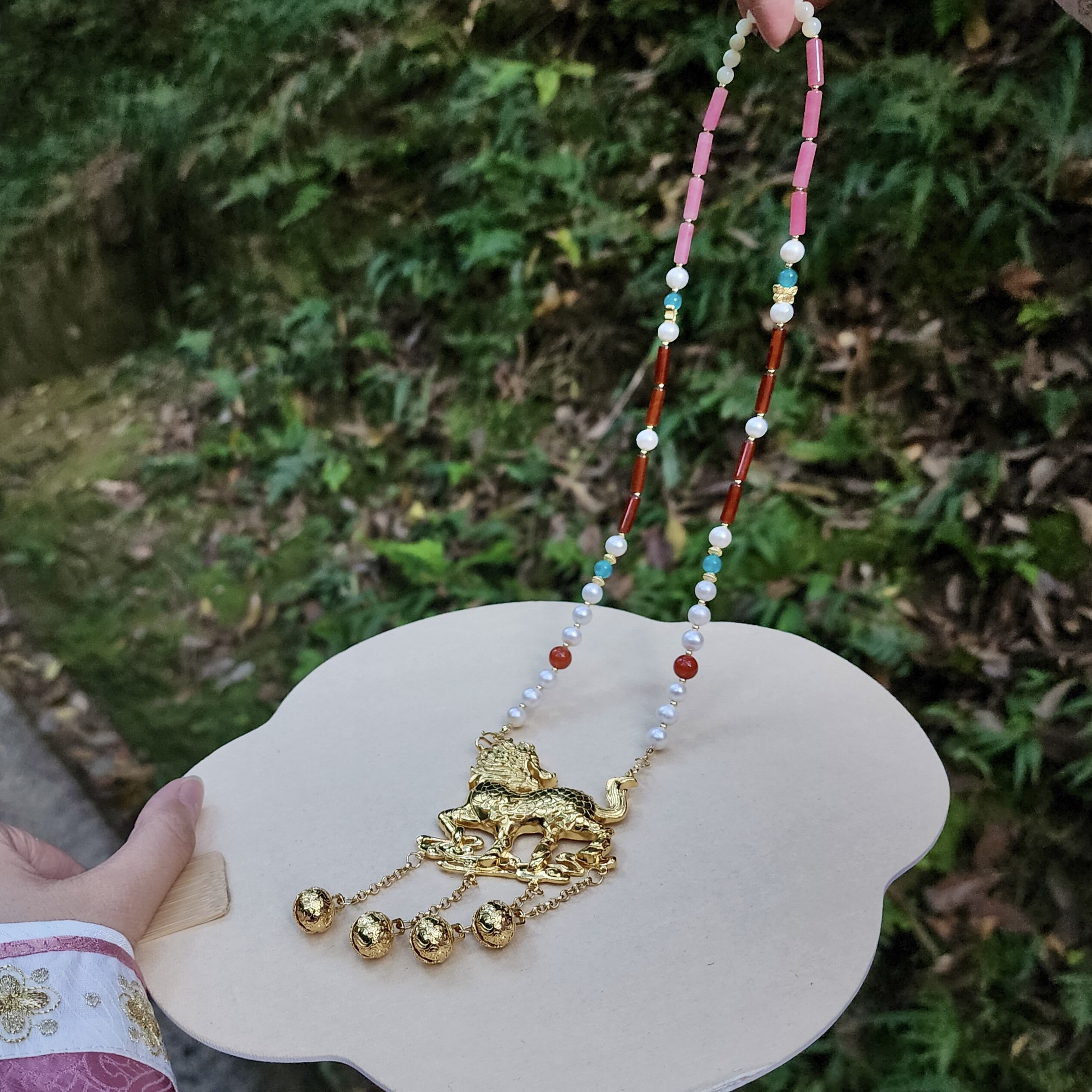 新款麒麟瑞兽 铜镀真金软璎珞铃铛淡水珍珠玛瑙粉晶项链汉服旗袍