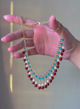 海棠记原创红玛瑙流苏复古项链