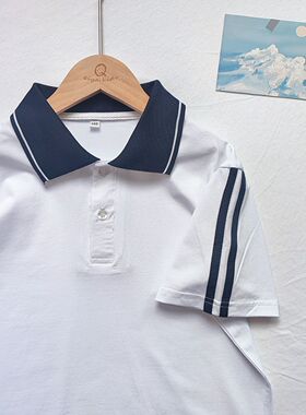 夏季校服短袖纯棉半袖两条杠深蓝色领中小学生班服园服装学院定做