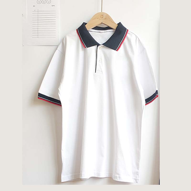 潮阳贵屿镇华美中学学校夏季校服上衣polo衫藏蓝领红白条短袖t恤