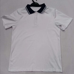 中小学生夏季校服上衣八十六中学校服白色藏蓝领两道杠POLO衫短袖