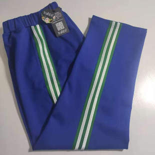 宝蓝色长裤 可定做 拼接5厘米绿色宽杠上两条白杠中小学生男女校裤
