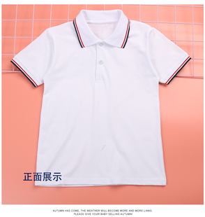 中小学生polo衫夏季短袖T恤白色领黑红杠校服白色上衣毕业班服夏