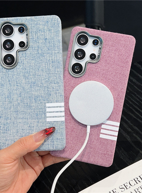 高级感复古亚麻纹适用三星s25ultra手机壳新款强磁吸s24+金属按键全包s24ultra防指纹耐脏s23plus外壳保护套