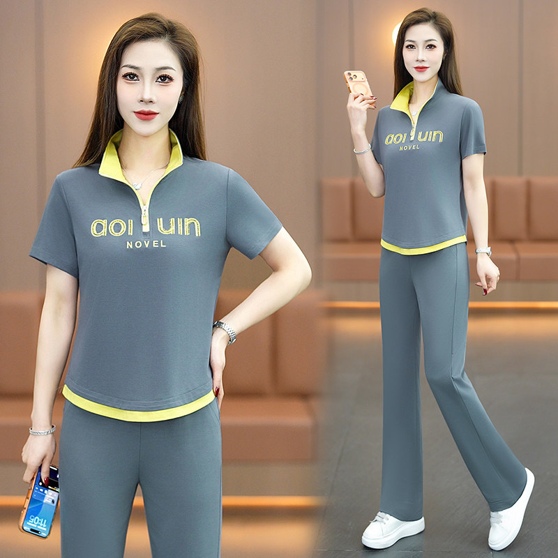 2026新款休闲运动套装女夏季新款立领字母短袖显瘦洋气两件套