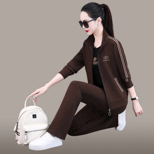 春秋款2025新款三件套妈妈宽松卫衣女士运动服套装时尚休闲外套