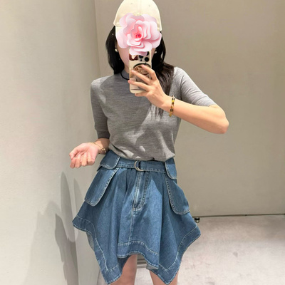 不规则A摆搭片腰带牛仔半身裙