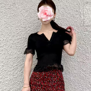 不退不换 原369 特惠169 26新款 蕾丝拼接 半开胸 螺纹天丝棉上衣