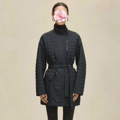 格子车线夹薄棉腰带收腰长棉衣