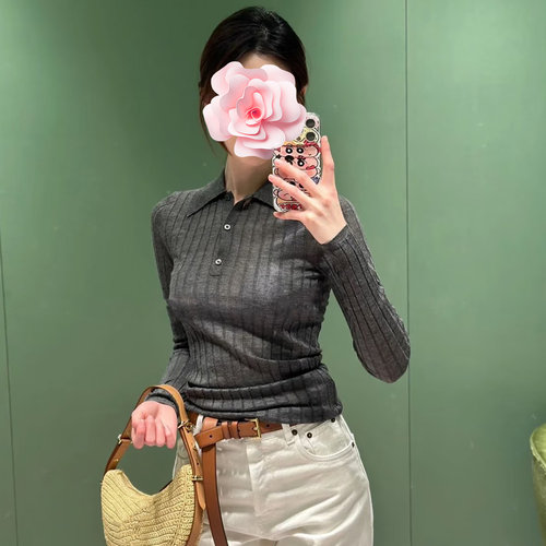 宽窄条纹精纺羊毛POLO领针织衫