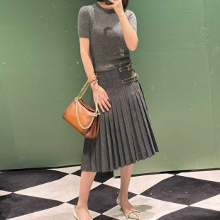 26新款 特惠259 精纺羊毛皮腰带扣高腰百褶半身裙 原469 不退不换