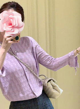 系带花边微喇长袖扭花薄针织开衫