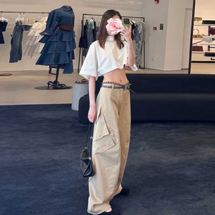 25新款 特惠249 斜拼工装 口袋 不退不换 高腰阔腿弯刀长裤 原469