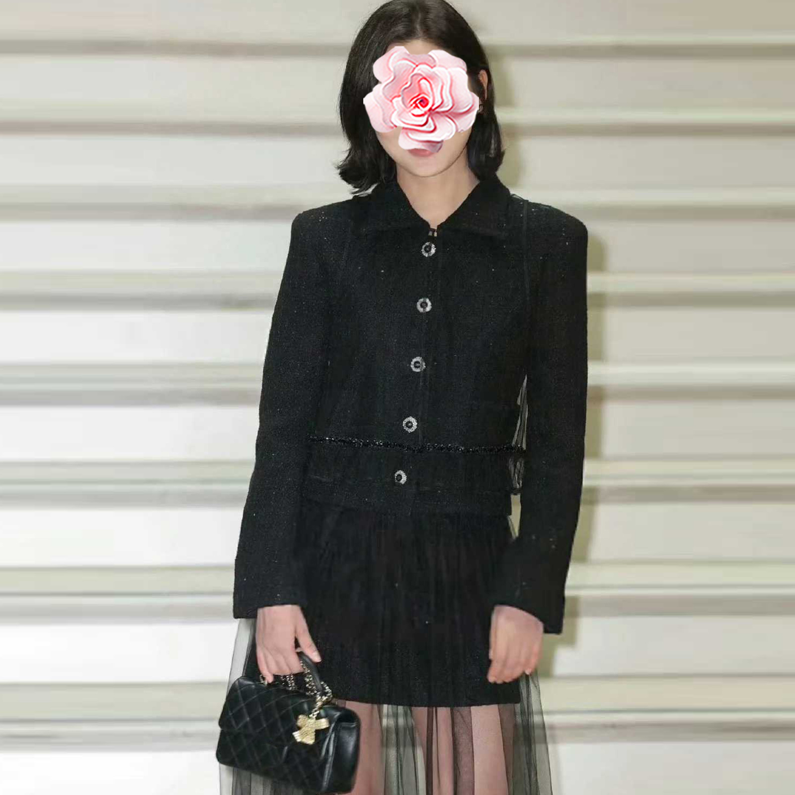 亮片格子羊毛薄花呢外套+半身裙