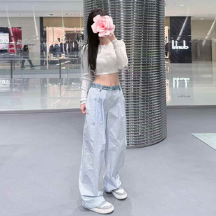 原439 牛仔拼接中腰阔腿长裤 特惠239 蓝白条纹 25新款 不退不换