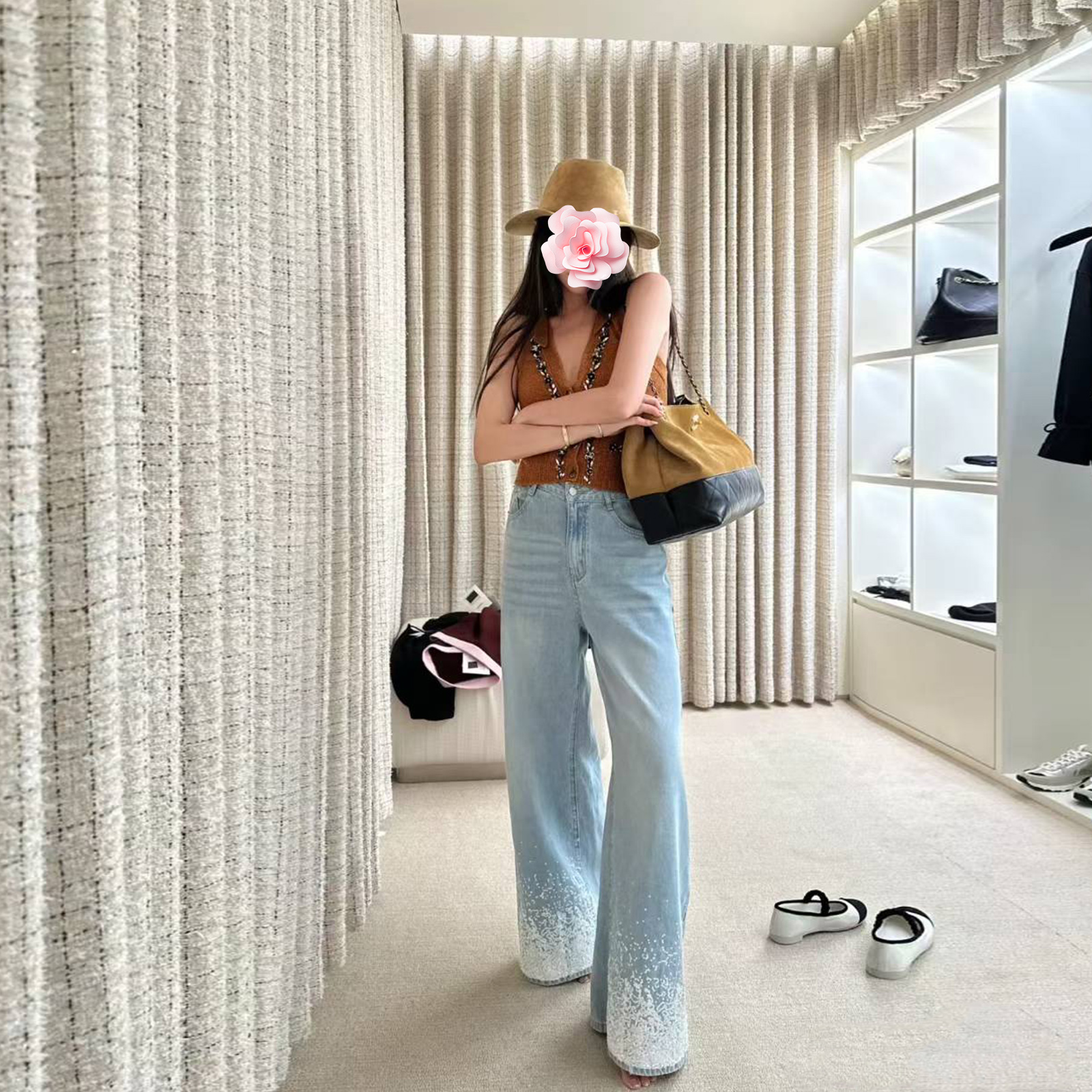 重工亮片高腰阔腿直筒牛仔裤