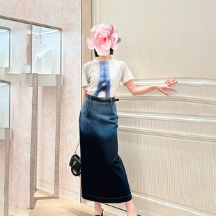 迪 特惠159 重工渐变深蓝洗水高腰包臀牛仔半身裙 原439 不退不换